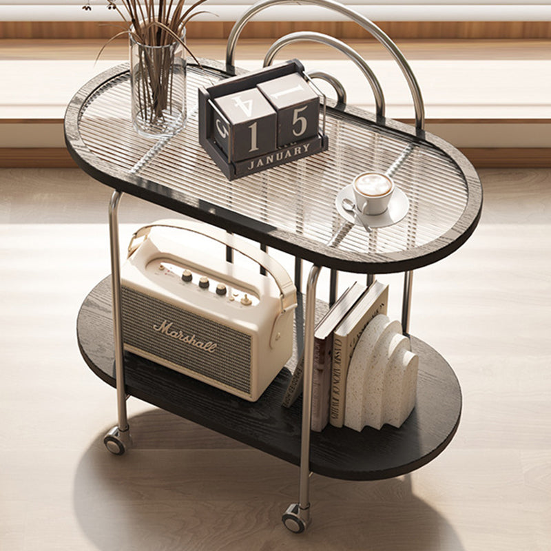 Modern Minimalist Oval Carbon Steel Stone Slab Glass End Table 2-Tier For Living Room