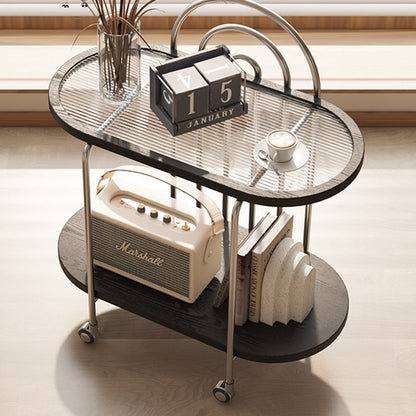 Modern Minimalist Oval Carbon Steel Stone Slab Glass End Table 2-Tier For Living Room