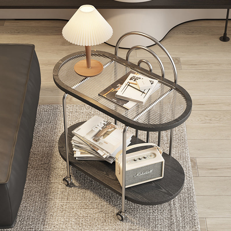 Modern Minimalist Oval Carbon Steel Stone Slab Glass End Table 2-Tier For Living Room