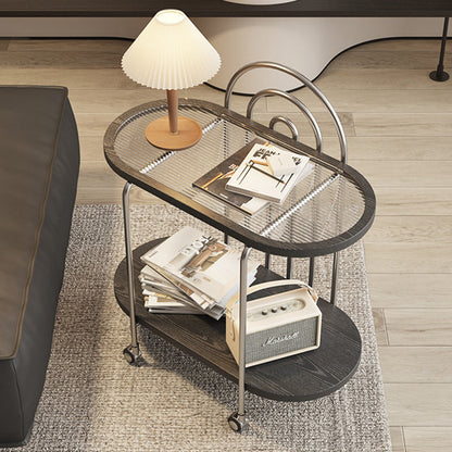Modern Minimalist Oval Carbon Steel Stone Slab Glass End Table 2-Tier For Living Room