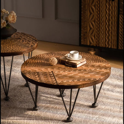 Traditional Vintage Round Solid Wood Medium Density Fiberboard Iron End Table 3/4-Leg For Living Room