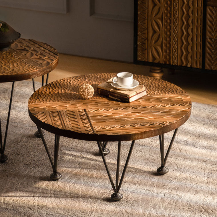 Traditional Vintage Round Solid Wood Medium Density Fiberboard Iron End Table 3/4-Leg For Living Room