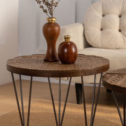 Traditional Vintage Round Solid Wood Medium Density Fiberboard Iron End Table 3/4-Leg For Living Room