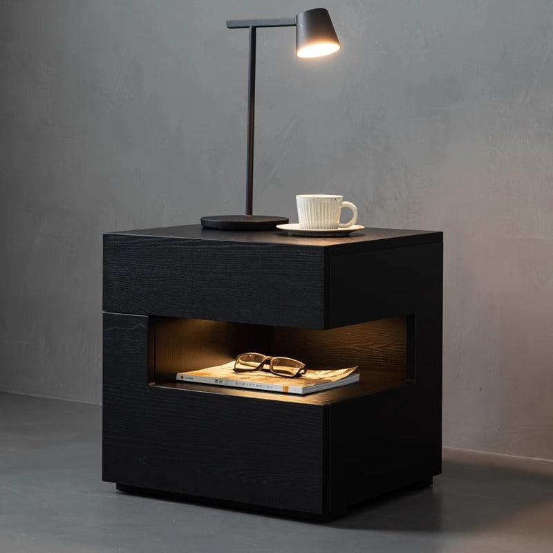 Modern Minimalist Rectangular Solid Wood Ash Nightstand 2-Drawer 2-Tier For Bedroom