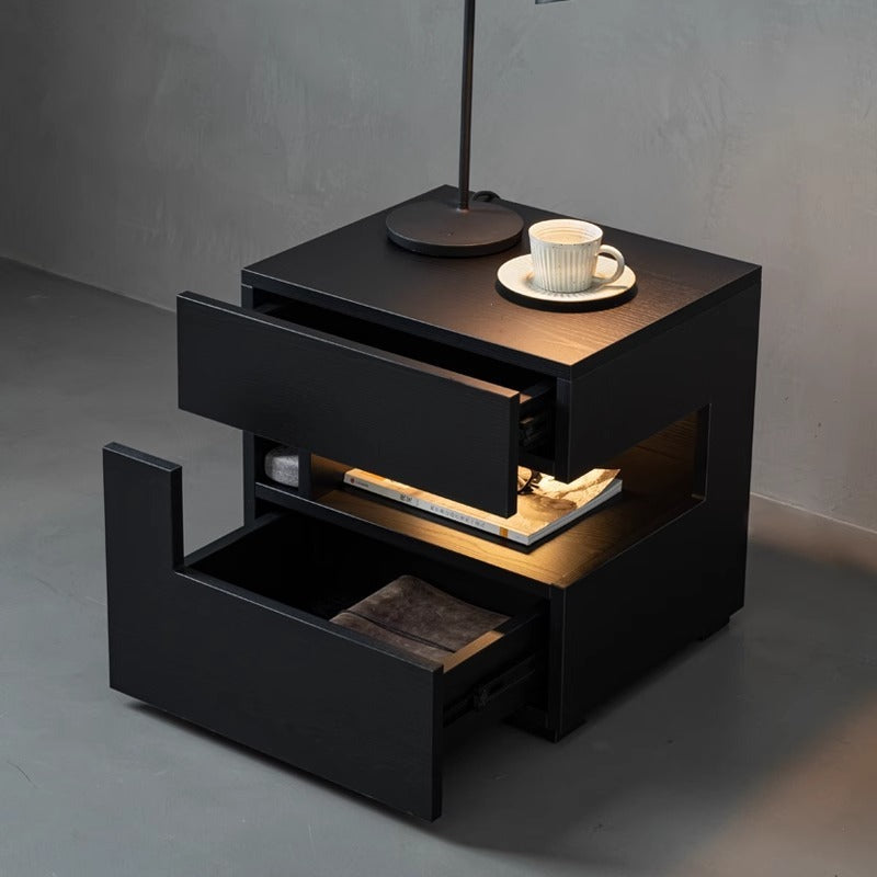 Modern Minimalist Rectangular Solid Wood Ash Nightstand 2-Drawer 2-Tier For Bedroom
