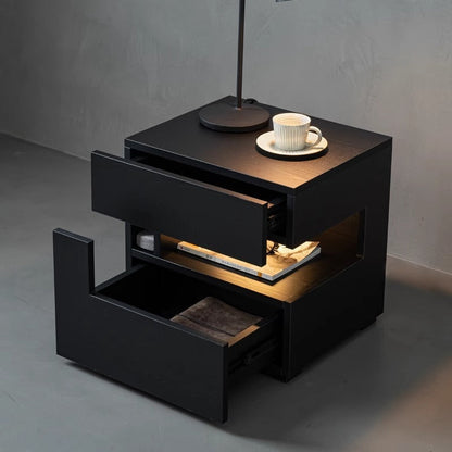 Modern Minimalist Rectangular Solid Wood Ash Nightstand 2-Drawer 2-Tier For Bedroom