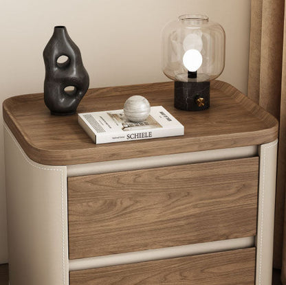 Modern Minimalist Rectangular Plywood Pine Faux Saddle Leather Nightstand 2-Drawer For Bedroom