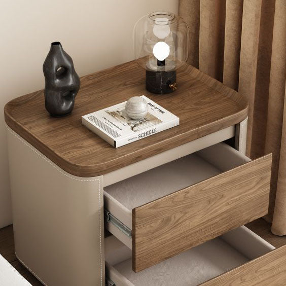Modern Minimalist Rectangular Plywood Pine Faux Saddle Leather Nightstand 2-Drawer For Bedroom