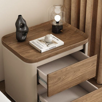 Modern Minimalist Rectangular Plywood Pine Faux Saddle Leather Nightstand 2-Drawer For Bedroom