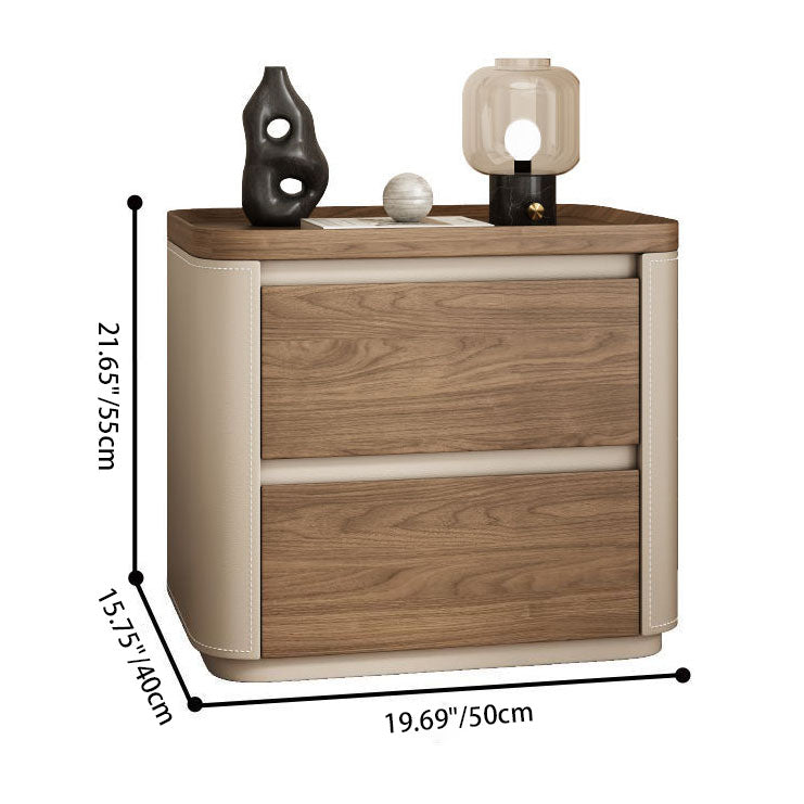Modern Minimalist Rectangular Plywood Pine Faux Saddle Leather Nightstand 2-Drawer For Bedroom