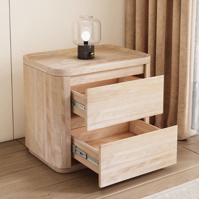 Modern Minimalist Rectangular Plywood Pine Faux Saddle Leather Nightstand 2-Drawer For Bedroom