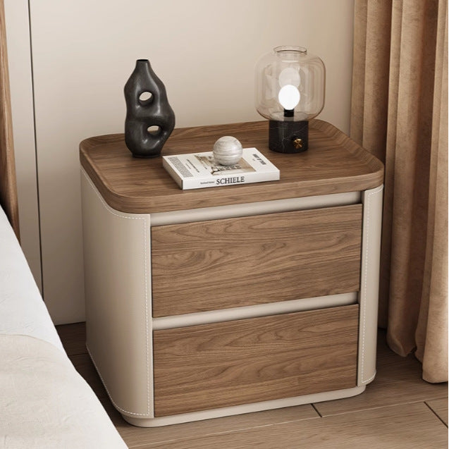 Modern Minimalist Rectangular Plywood Pine Faux Saddle Leather Nightstand 2-Drawer For Bedroom