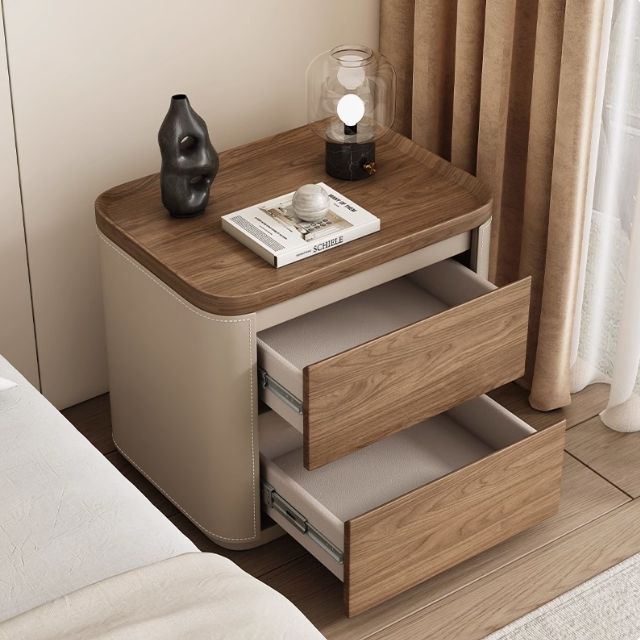 Modern Minimalist Rectangular Plywood Pine Faux Saddle Leather Nightstand 2-Drawer For Bedroom