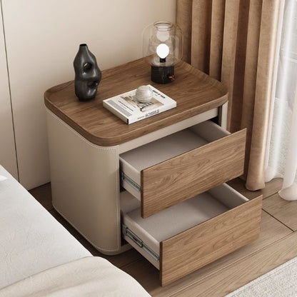 Modern Minimalist Rectangular Plywood Pine Faux Saddle Leather Nightstand 2-Drawer For Bedroom