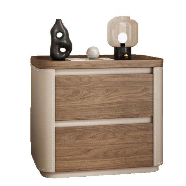 Modern Minimalist Rectangular Plywood Pine Faux Saddle Leather Nightstand 2-Drawer For Bedroom