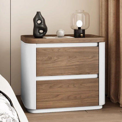 Modern Minimalist Rectangular Plywood Pine Faux Saddle Leather Nightstand 2-Drawer For Bedroom