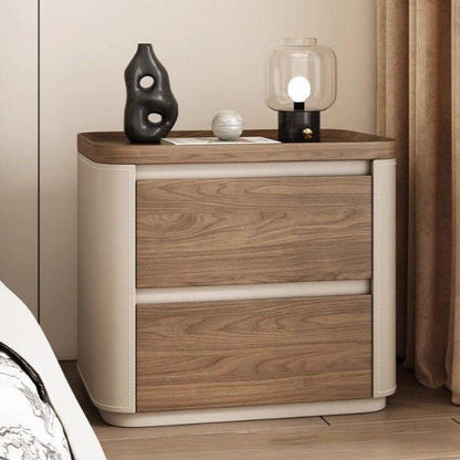 Modern Minimalist Rectangular Plywood Pine Faux Saddle Leather Nightstand 2-Drawer For Bedroom