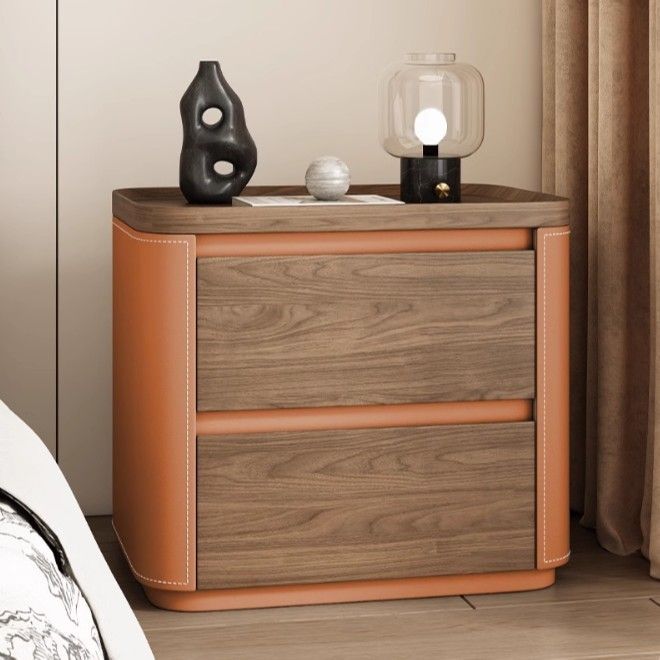 Modern Minimalist Rectangular Plywood Pine Faux Saddle Leather Nightstand 2-Drawer For Bedroom