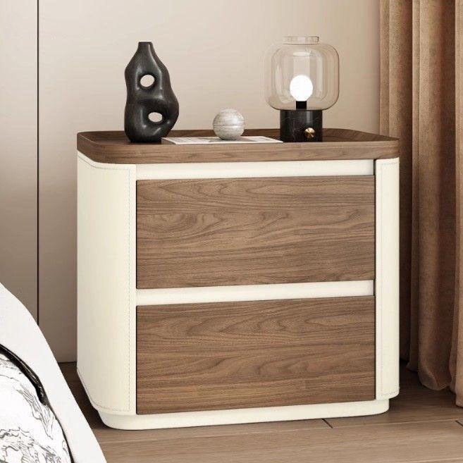 Modern Minimalist Rectangular Plywood Pine Faux Saddle Leather Nightstand 2-Drawer For Bedroom