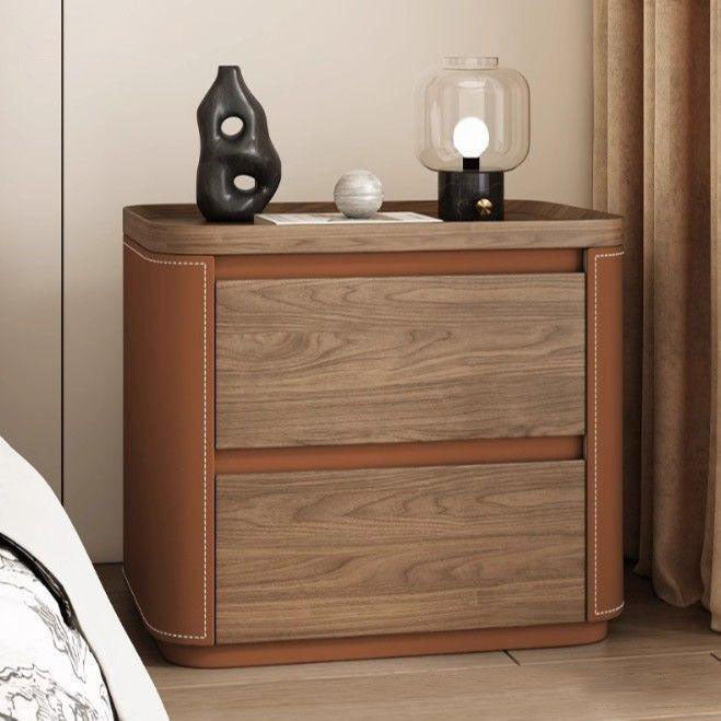 Modern Minimalist Rectangular Plywood Pine Faux Saddle Leather Nightstand 2-Drawer For Bedroom