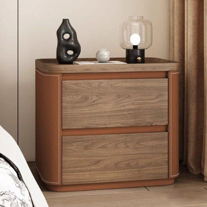 Modern Minimalist Rectangular Plywood Pine Faux Saddle Leather Nightstand 2-Drawer For Bedroom
