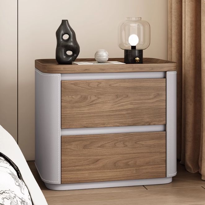 Modern Minimalist Rectangular Plywood Pine Faux Saddle Leather Nightstand 2-Drawer For Bedroom