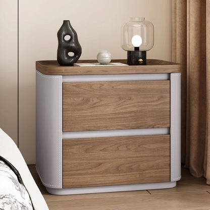 Modern Minimalist Rectangular Plywood Pine Faux Saddle Leather Nightstand 2-Drawer For Bedroom