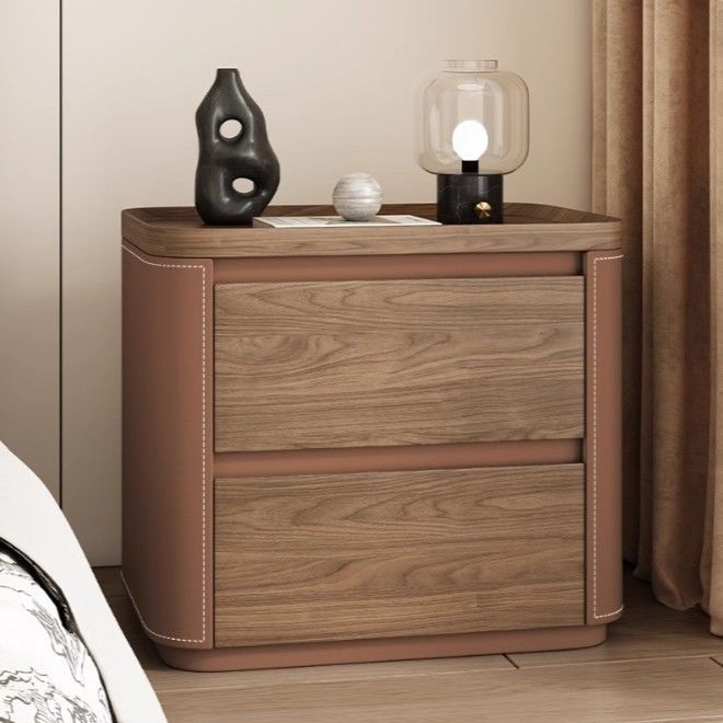 Modern Minimalist Rectangular Plywood Pine Faux Saddle Leather Nightstand 2-Drawer For Bedroom