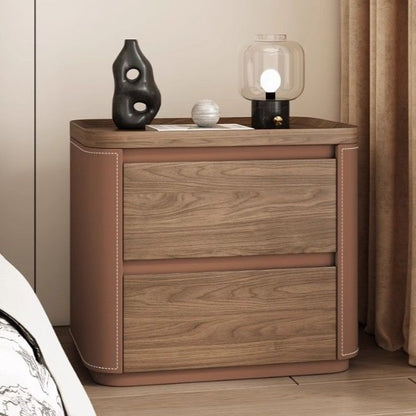 Modern Minimalist Rectangular Plywood Pine Faux Saddle Leather Nightstand 2-Drawer For Bedroom