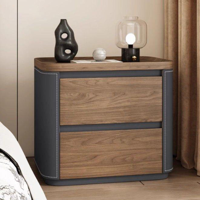 Modern Minimalist Rectangular Plywood Pine Faux Saddle Leather Nightstand 2-Drawer For Bedroom