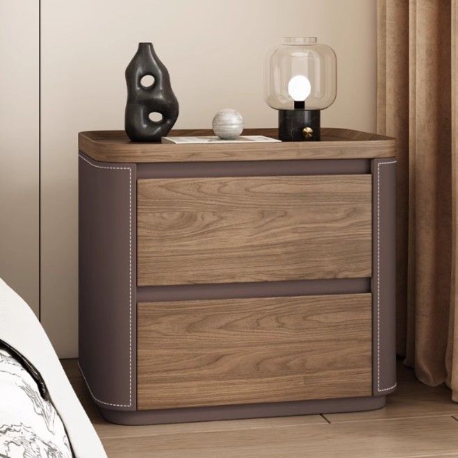 Modern Minimalist Rectangular Plywood Pine Faux Saddle Leather Nightstand 2-Drawer For Bedroom