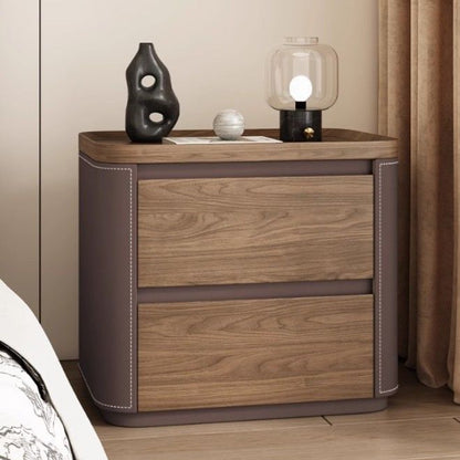 Modern Minimalist Rectangular Plywood Pine Faux Saddle Leather Nightstand 2-Drawer For Bedroom