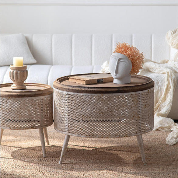 Traditional Vintage Round Solid Wood Iron End Table 4-Leg For Living Room