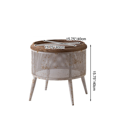 Traditional Vintage Round Solid Wood Iron End Table 4-Leg For Living Room