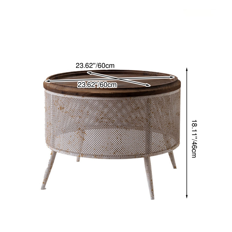 Traditional Vintage Round Solid Wood Iron End Table 4-Leg For Living Room