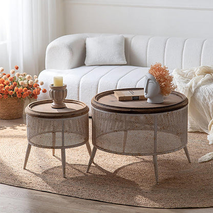 Traditional Vintage Round Solid Wood Iron End Table 4-Leg For Living Room