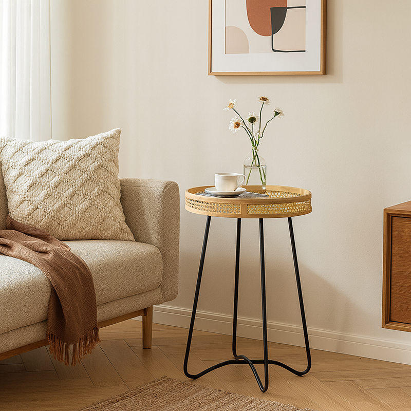 Modern Minimalist Round Bamboo Rattan Metal Solid Wood Stainless Steel End Table 4-Leg For Living Room