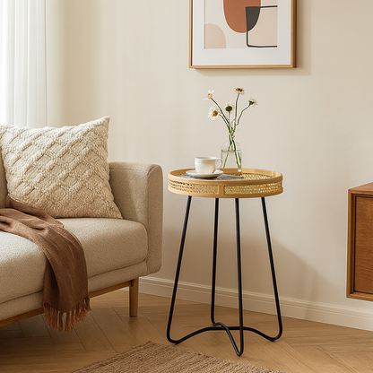 Modern Minimalist Round Bamboo Rattan Metal Solid Wood Stainless Steel End Table 4-Leg For Living Room