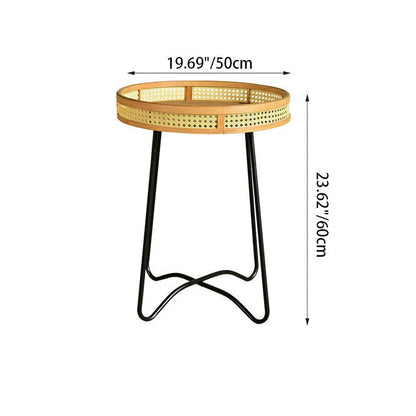 Modern Minimalist Round Bamboo Rattan Metal Solid Wood Stainless Steel End Table 4-Leg For Living Room