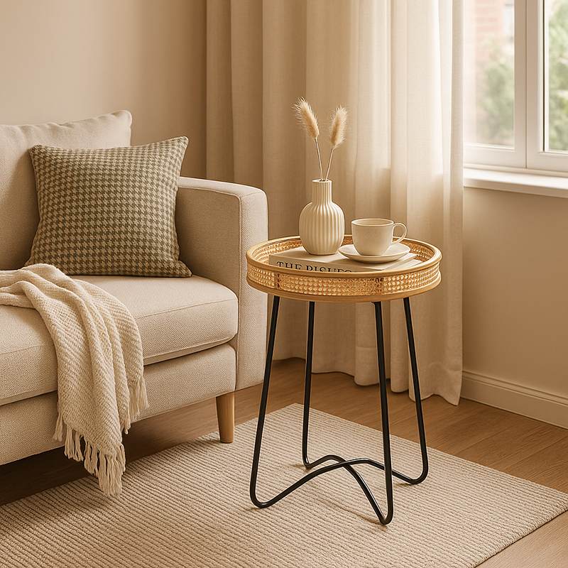 Modern Minimalist Round Bamboo Rattan Metal Solid Wood Stainless Steel End Table 4-Leg For Living Room