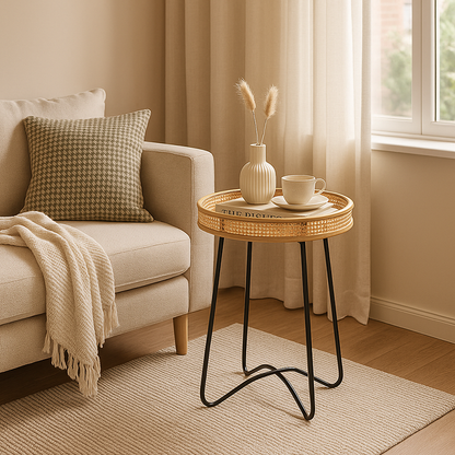 Modern Minimalist Round Bamboo Rattan Metal Solid Wood Stainless Steel End Table 4-Leg For Living Room