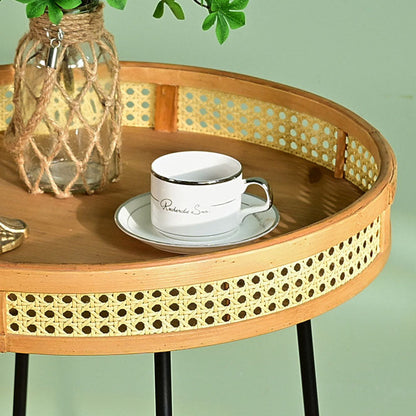 Modern Minimalist Round Bamboo Rattan Metal Solid Wood Stainless Steel End Table 4-Leg For Living Room