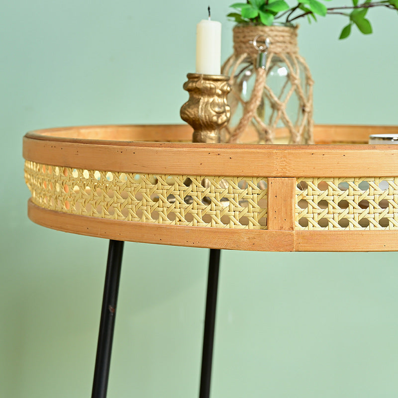 Modern Minimalist Round Bamboo Rattan Metal Solid Wood Stainless Steel End Table 4-Leg For Living Room