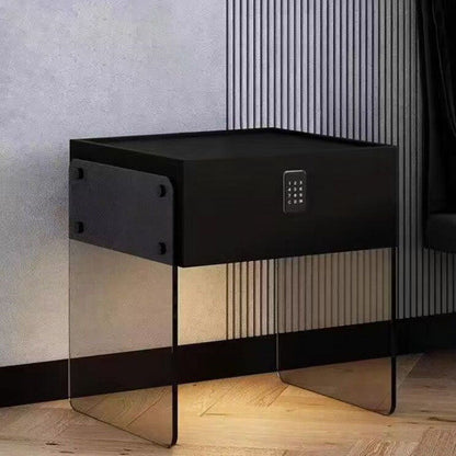 Modern Minimalist Rectangular Solid Wood Ecological Board Tempered Glass Nightstand 2-Leg 1-Drawer For Bedroom