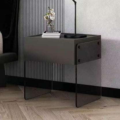 Modern Minimalist Rectangular Solid Wood Ecological Board Tempered Glass Nightstand 2-Leg 1-Drawer For Bedroom