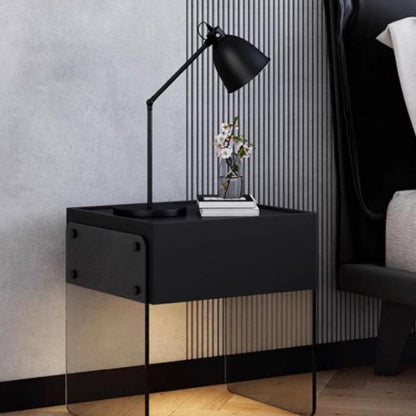 Modern Minimalist Rectangular Solid Wood Ecological Board Tempered Glass Nightstand 2-Leg 1-Drawer For Bedroom