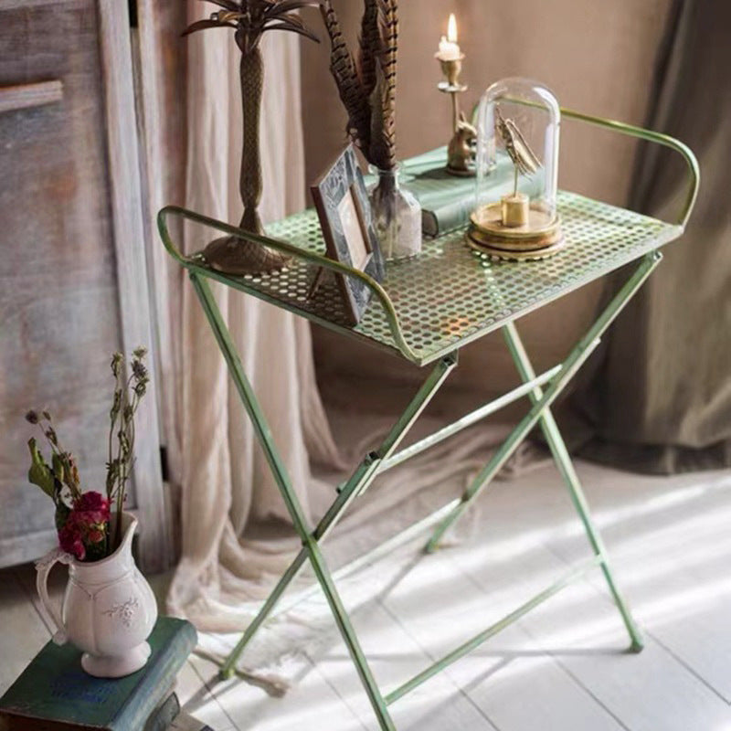 Traditional Vintage Rectangular Iron Openwork End Table 4-Leg Foldable For Living Room