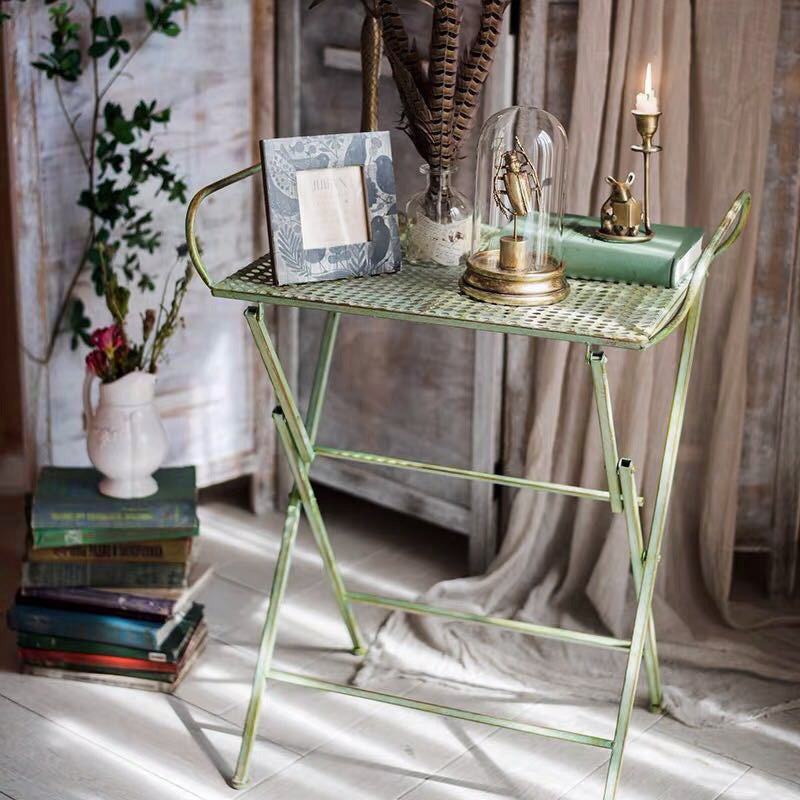 Traditional Vintage Rectangular Iron Openwork End Table 4-Leg Foldable For Living Room