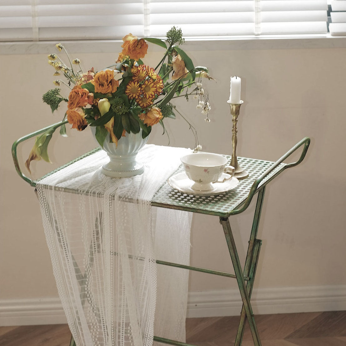 Traditional Vintage Rectangular Iron Openwork End Table 4-Leg Foldable For Living Room