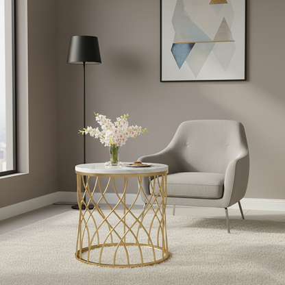 Modern Minimalist Cylindrical Steel Stone End Table Openwork Design For Living Room